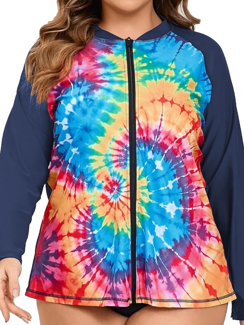 Halcurt Tie-Dye Zip Long Sleeve Front Rash Guard Navy Sleeves UPF 50 Sz 1X NWT